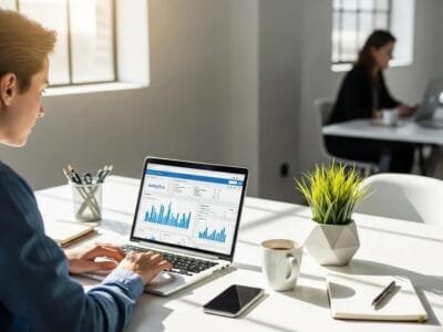 Worker using a laptop in a bright workspace &mdash; a visual for practical, modern SEO strategies