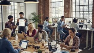 Team of contractors engaging on social media in a modern workspace