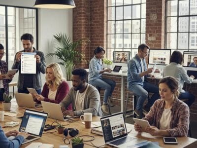 Team of contractors engaging on social media in a modern workspace