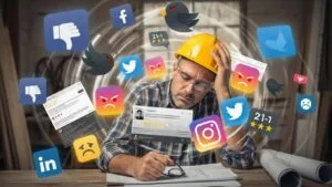 Frustrated contractor surrounded by social media icons, representing a reputation problem