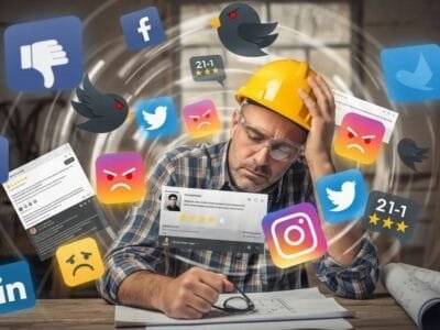 Frustrated contractor surrounded by social media icons, representing a reputation problem