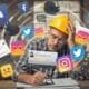 Frustrated contractor surrounded by social media icons, representing a reputation problem
