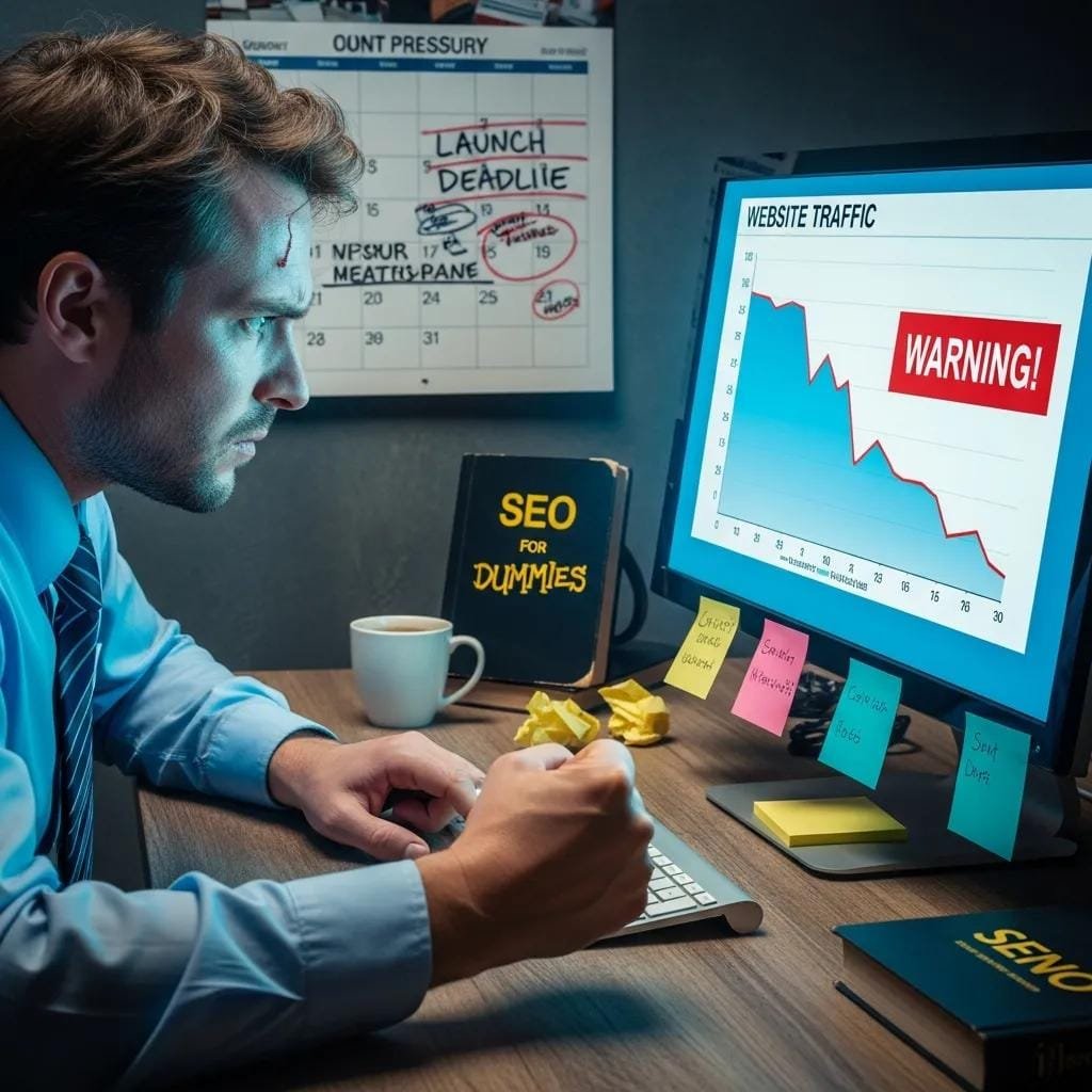 Business owner frustrated by low traffic analytics — illustrating SEO limits of template sites