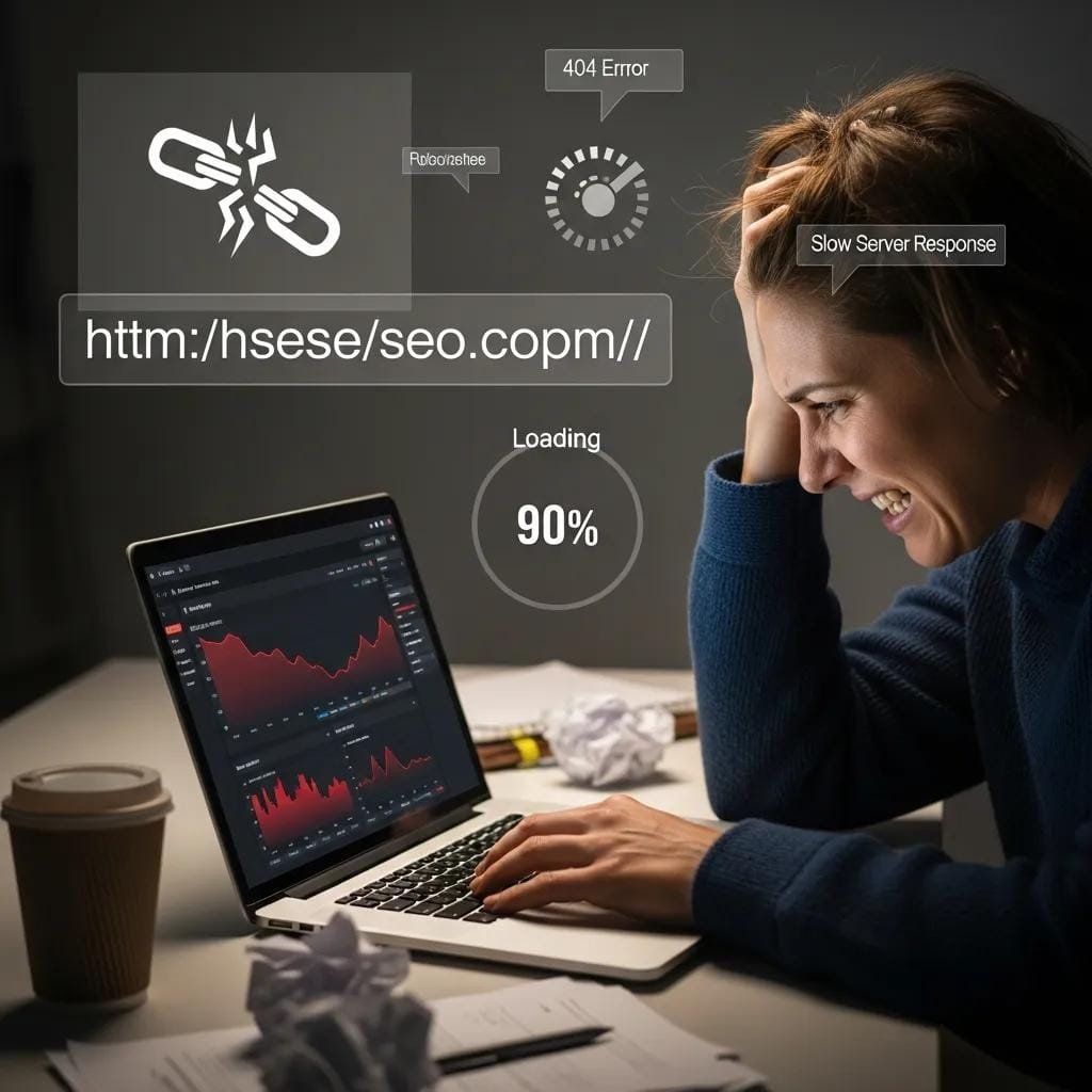 Frustrated person analyzing website analytics, representing common SEO mistakes that hinder traffic growth