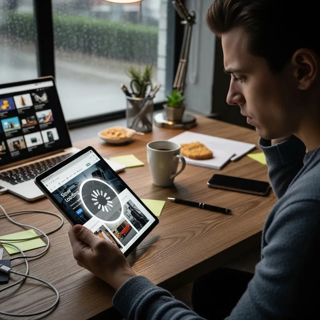 User frustrated by slow website loading on a tablet in a cluttered workspace