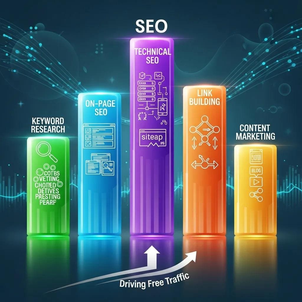 Illustration of five pillars representing core aspects of SEO: keyword research, on-page SEO, technical SEO, link building, and content marketing
