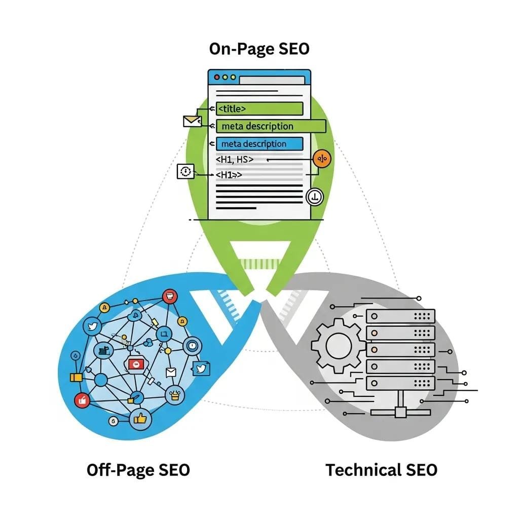 Illustration showing on-page, off-page, and technical SEO as three pillars