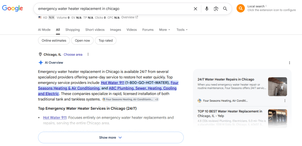 When a user searches for an emergency water heater replacement in Chicago, Google&rsquo;s AI Overviews 