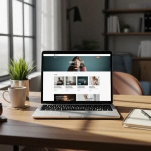 Modern website design displayed on a laptop in a cozy workspace