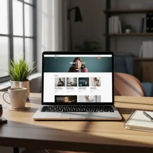 Modern website design displayed on a laptop in a cozy workspace