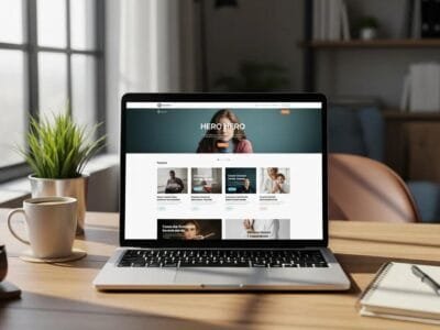 Modern website design displayed on a laptop in a cozy workspace