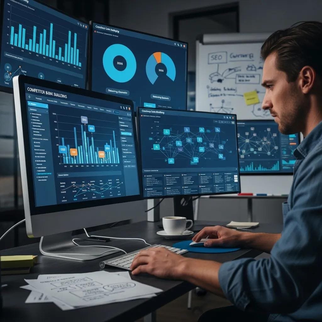 Analyst reviewing competitor backlink profiles on screen to find link opportunities