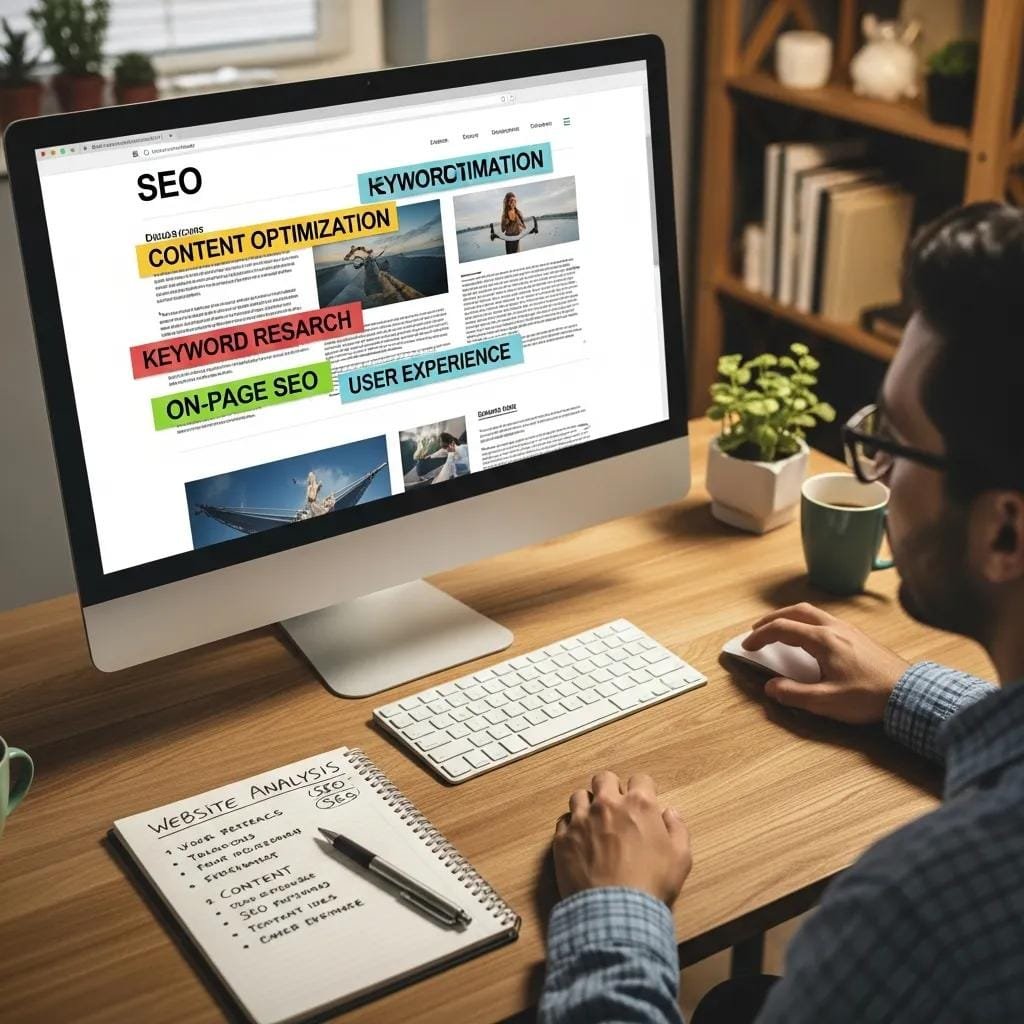 Person reviewing website content for on-page SEO