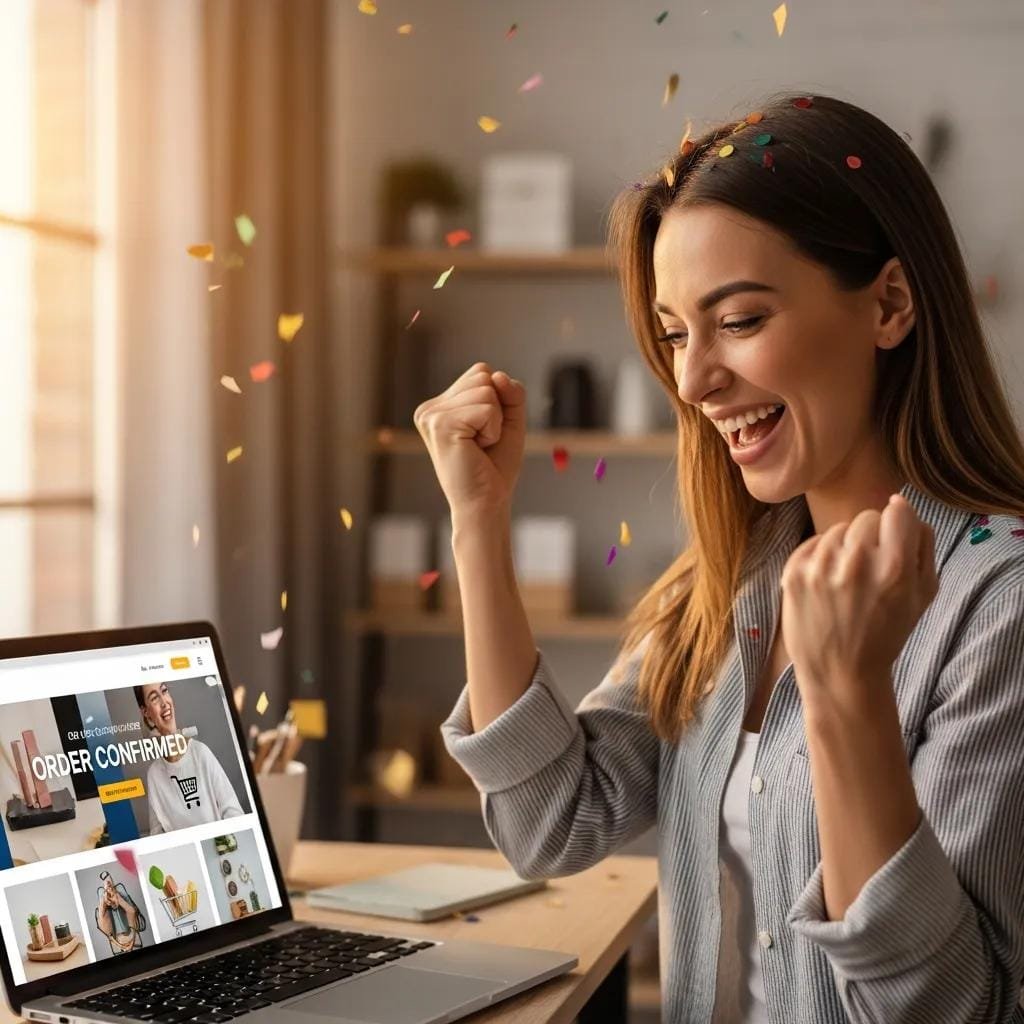 Small business owner celebrating a booked job with their website visible on a screen, showing revenue potential