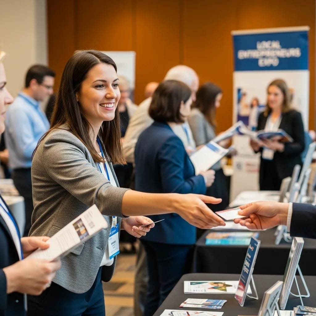Small business owner networking at a local event to earn links