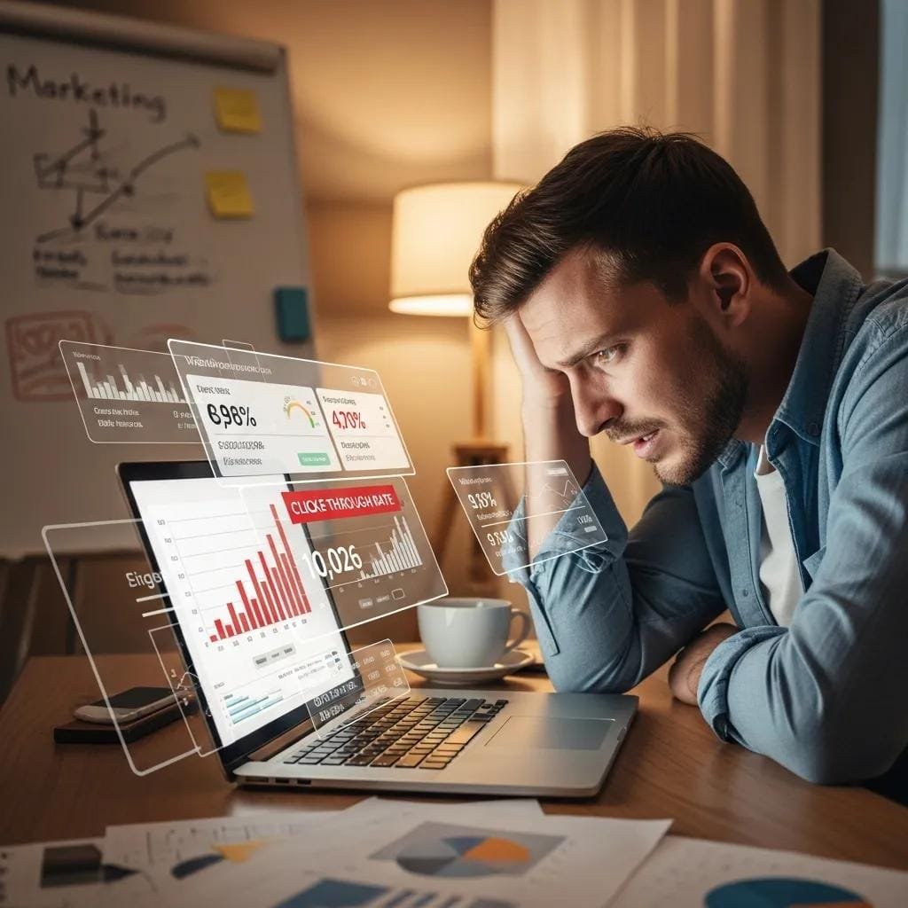 Small business owner reviewing digital marketing metrics and learning from common CTR mistakes