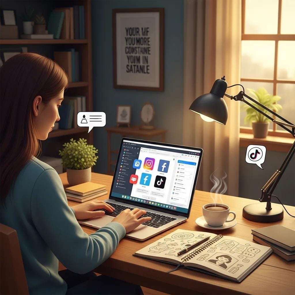 Solopreneur creating social media content in a cozy home office