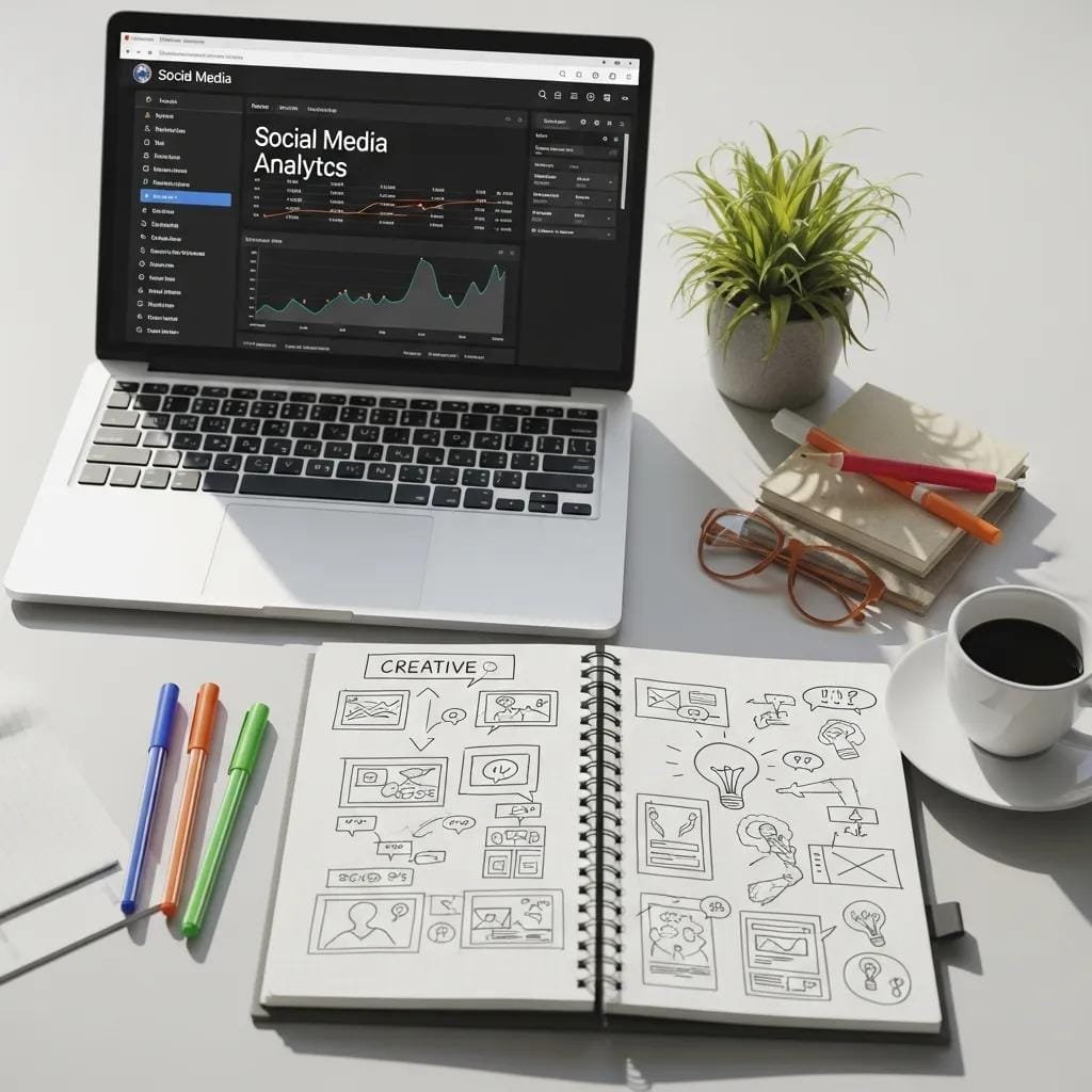 Laptop showing social analytics with notes and ideas nearby, highlighting content optimization for social search