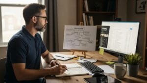 Contractor owner planning local SEO strategy in a home office