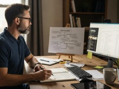 Contractor owner planning local SEO strategy in a home office