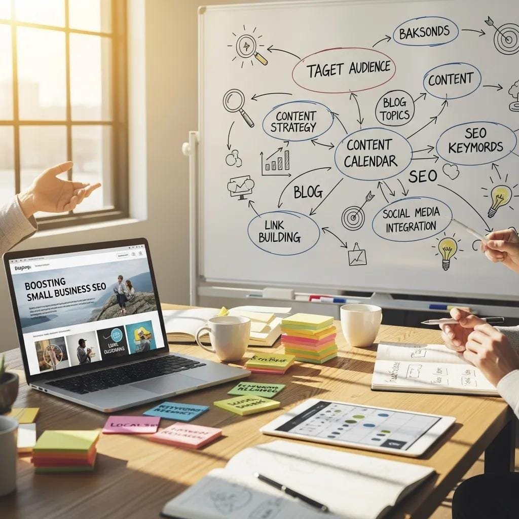 Workspace with materials for planning content and SEO