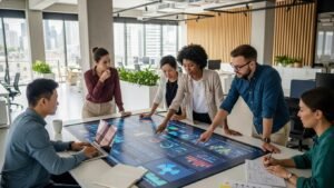 Marketing team collaborating on a digital strategy in a modern office