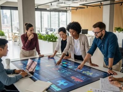 Marketing team collaborating on a digital strategy in a modern office
