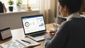 Small business owner scanning SEO strategy on a laptop with marketing visuals