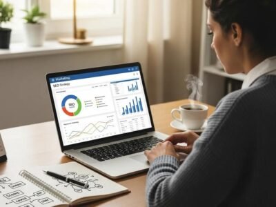 Small business owner scanning SEO strategy on a laptop with marketing visuals