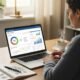 Small business owner scanning SEO strategy on a laptop with marketing visuals