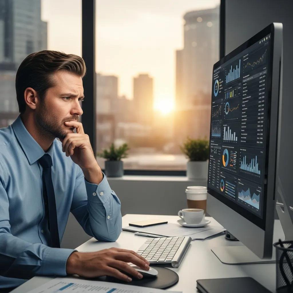 Frustrated professional reviewing keyword data in an office