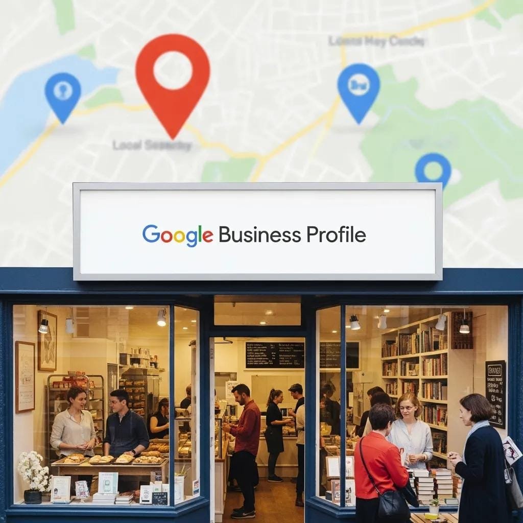 Local storefront showing a Google Business Profile on display