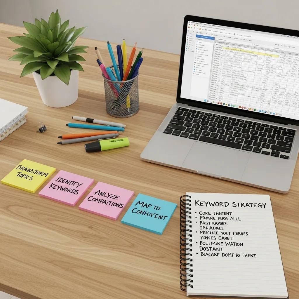 Workspace with notes and a laptop for keyword planning