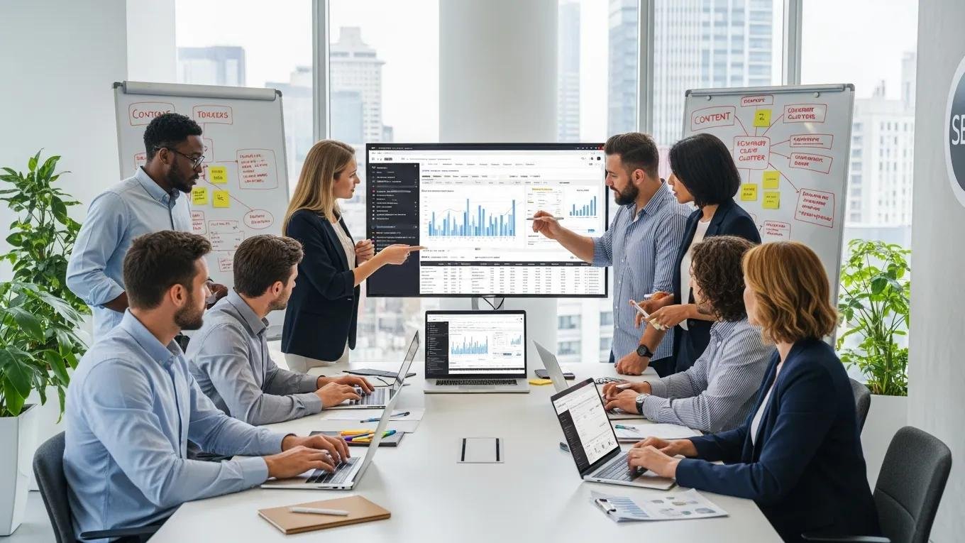 Team of contractors planning an SEO strategy in a modern office
