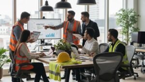 Team of contractors and marketers collaborating on content optimization in a modern workspace