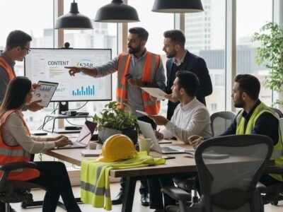 Team of contractors and marketers collaborating on content optimization in a modern workspace