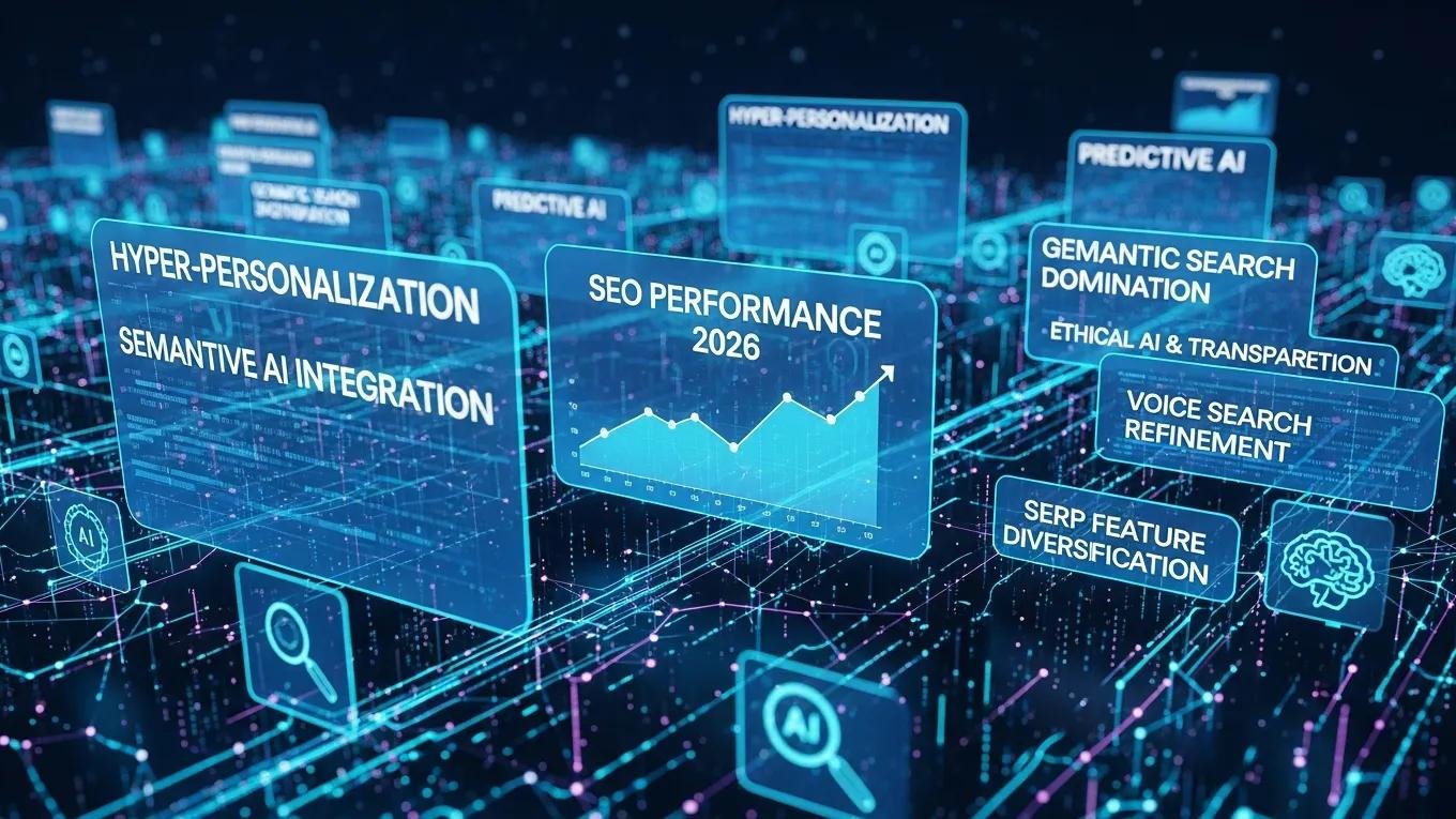 Futuristic digital landscape showing 2026 SEO trends with search and AI icons