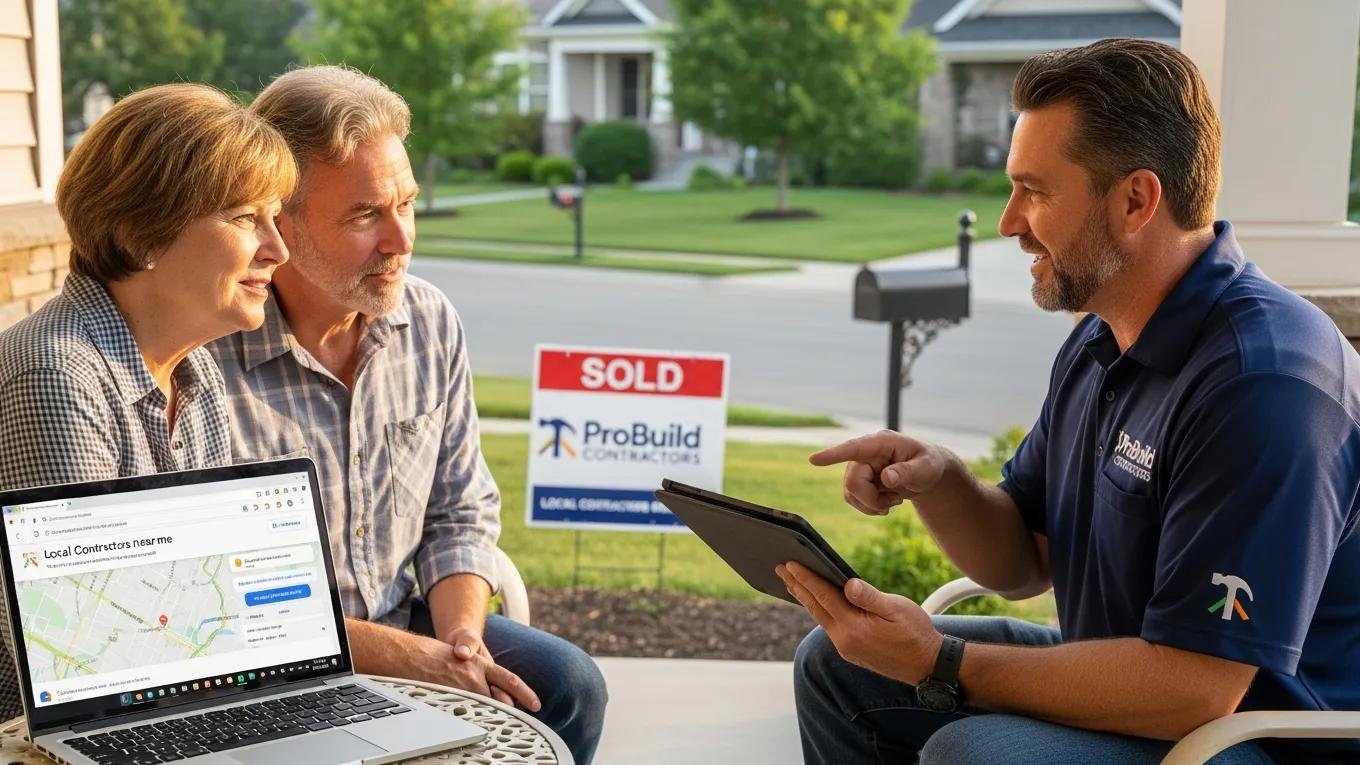 Contractor talking with homeowners — local SEO in action