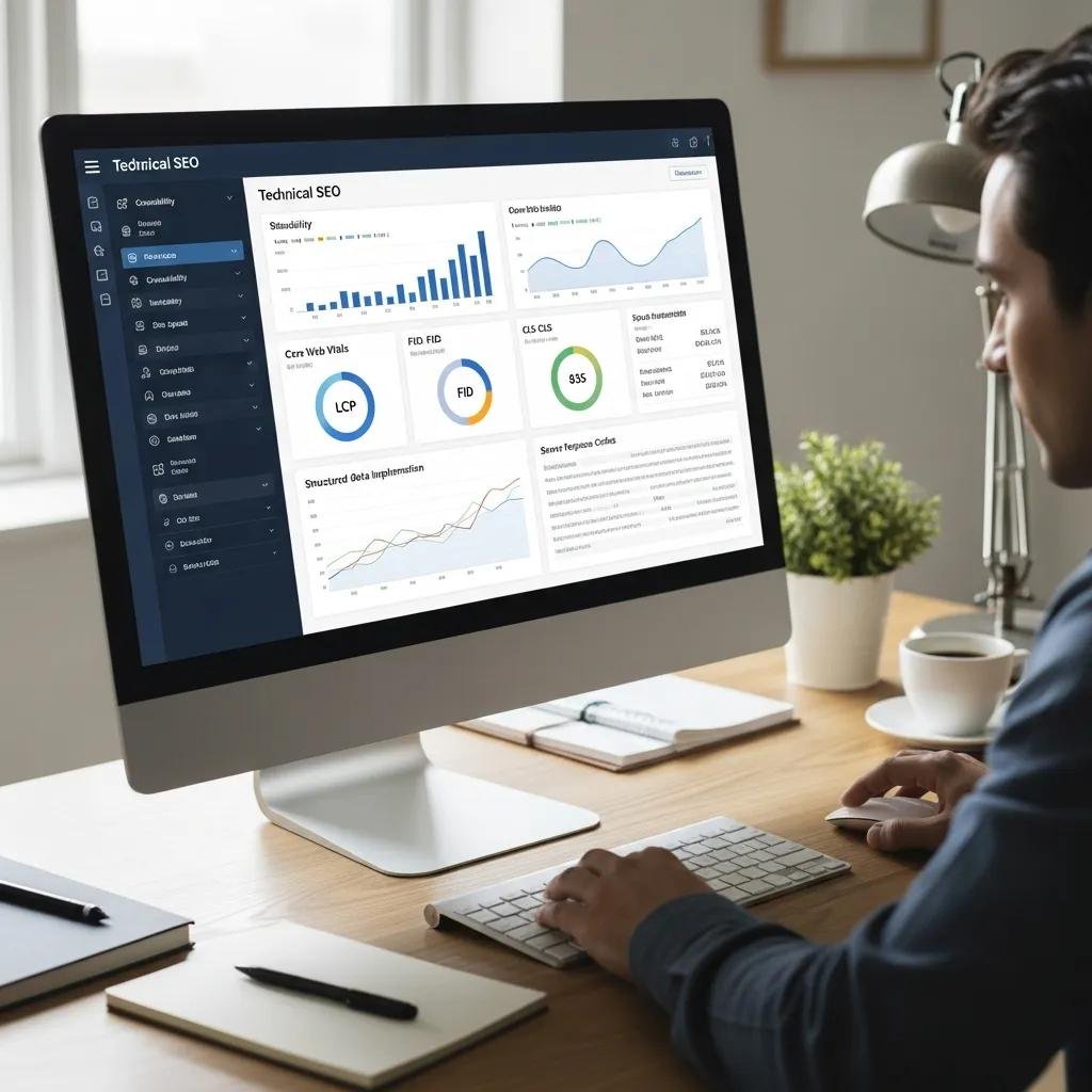 Technical SEO performance metrics displayed on a laptop screen
