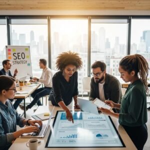 Diverse professionals collaborating on SEO strategy in a modern office
