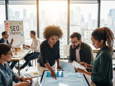 Diverse professionals collaborating on SEO strategy in a modern office