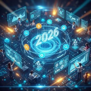 Futuristic digital landscape illustrating SEO trends for 2026 with search engine icons and AI technology