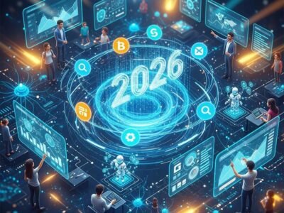 Futuristic digital landscape illustrating SEO trends for 2026 with search engine icons and AI technology