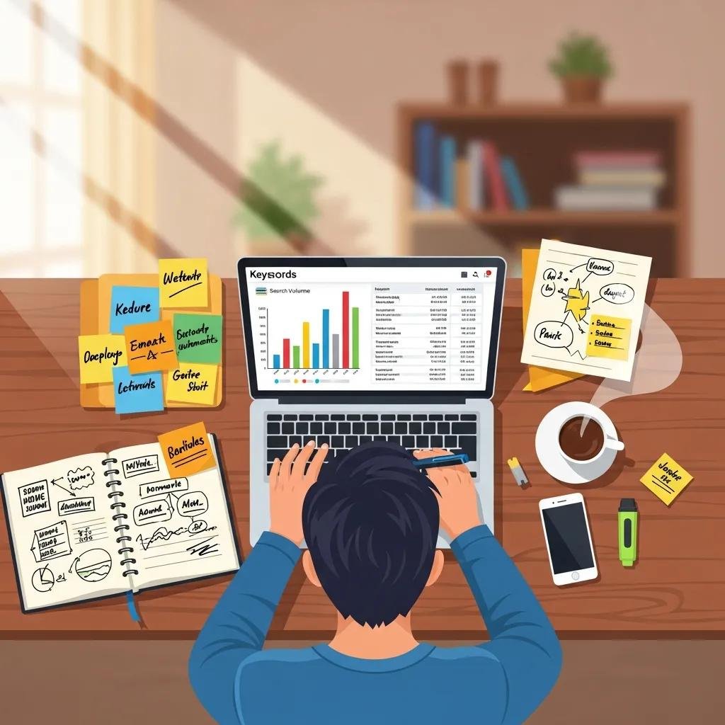 Person analyzing keyword data for content optimization in a focused workspace