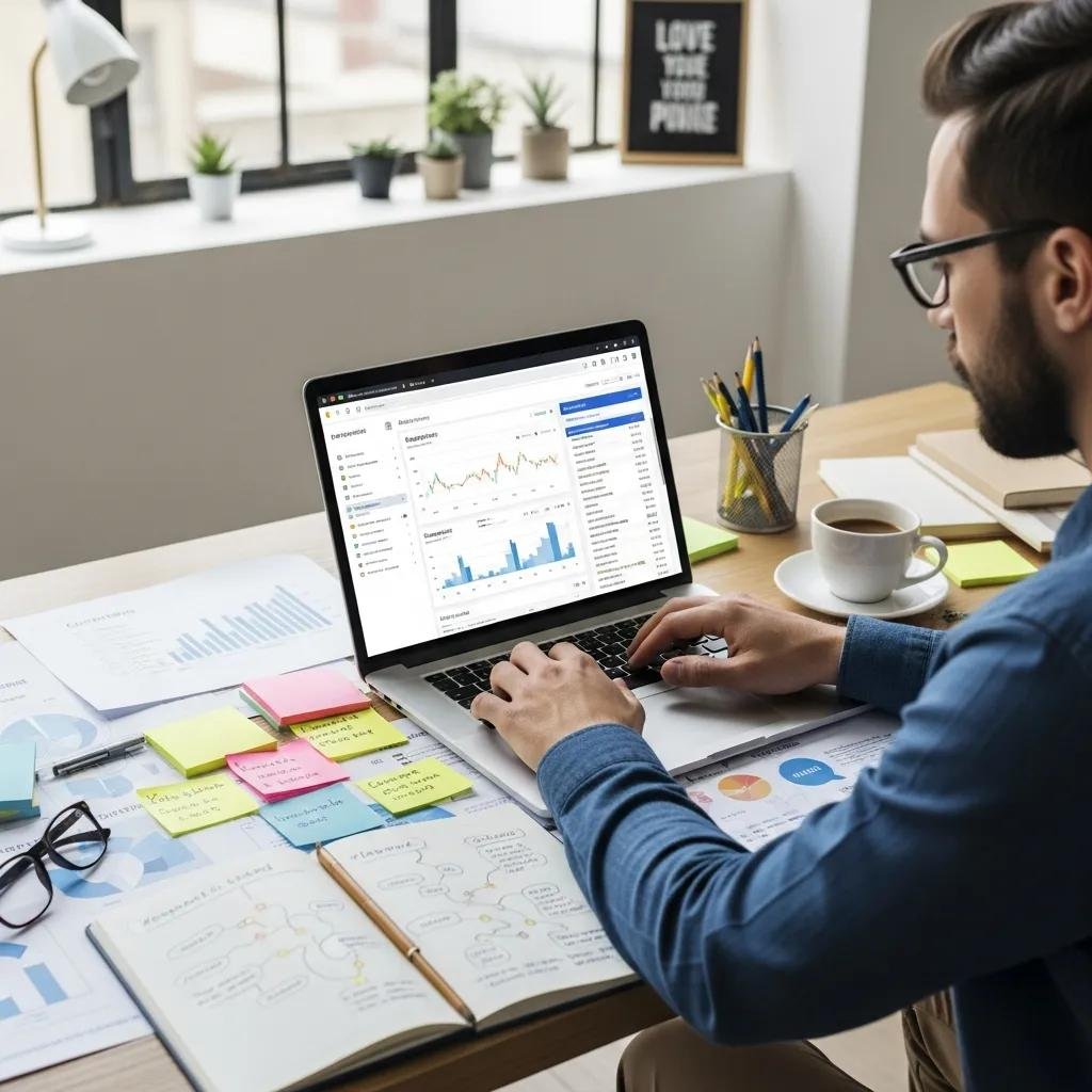 Person researching keywords using SEO tools and notes
