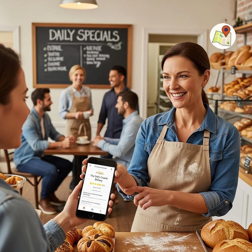 Local business owner interacting with customers, illustrating local SEO and Google Business Profile use