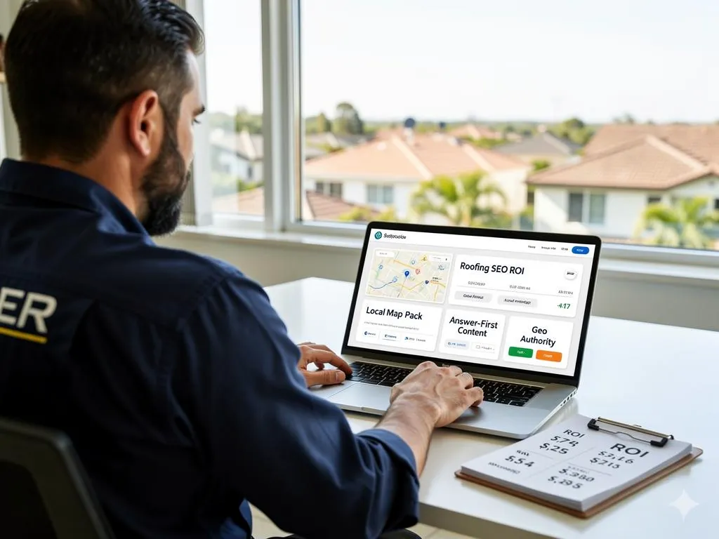 roofing business owner reviewing website pricing and monthly service costs on a laptop