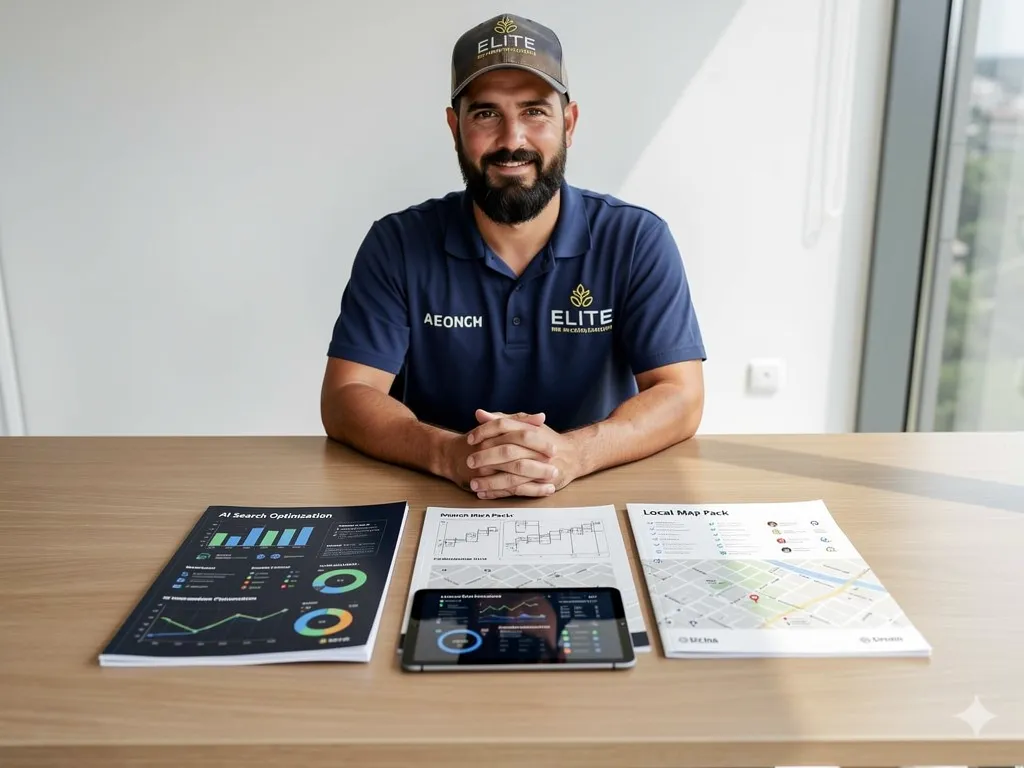 roofing contractor reviewing portfolio and credentials with a digital marketing specialist