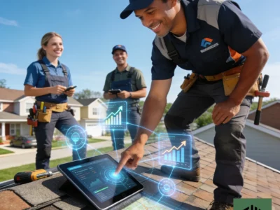 roofing contractor inspecting residential shingles on a steep-pitched roof in 2026