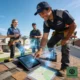 roofing contractor inspecting residential shingles on a steep-pitched roof in 2026